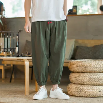 الرجال القطن والكتان سراويلي حريمي عادية فضفاض كبير الحجم بناطيل الشواطئ النمط الصيني واسعة الساق بنطلون ركض الرجال الصيف - Image 4