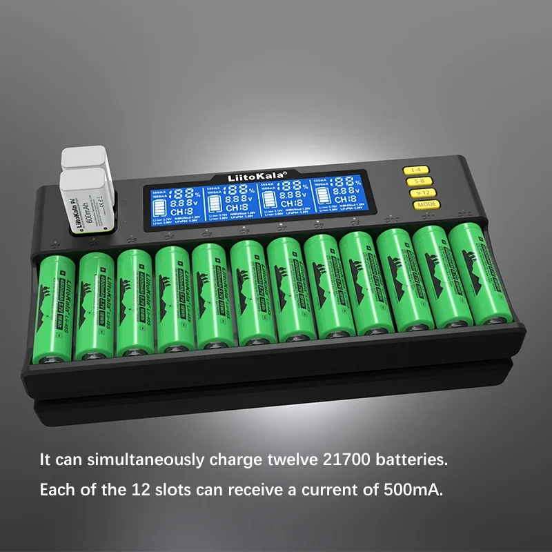 LiitoKala Lii-S12 21700 9V 배터리 충전기, LCD 디스플레이, 12 수조, 1.2V, 3.8V, 3.2V, 3.7V, IMR, NiMH, Cd, 18650, 26650 26700, AA