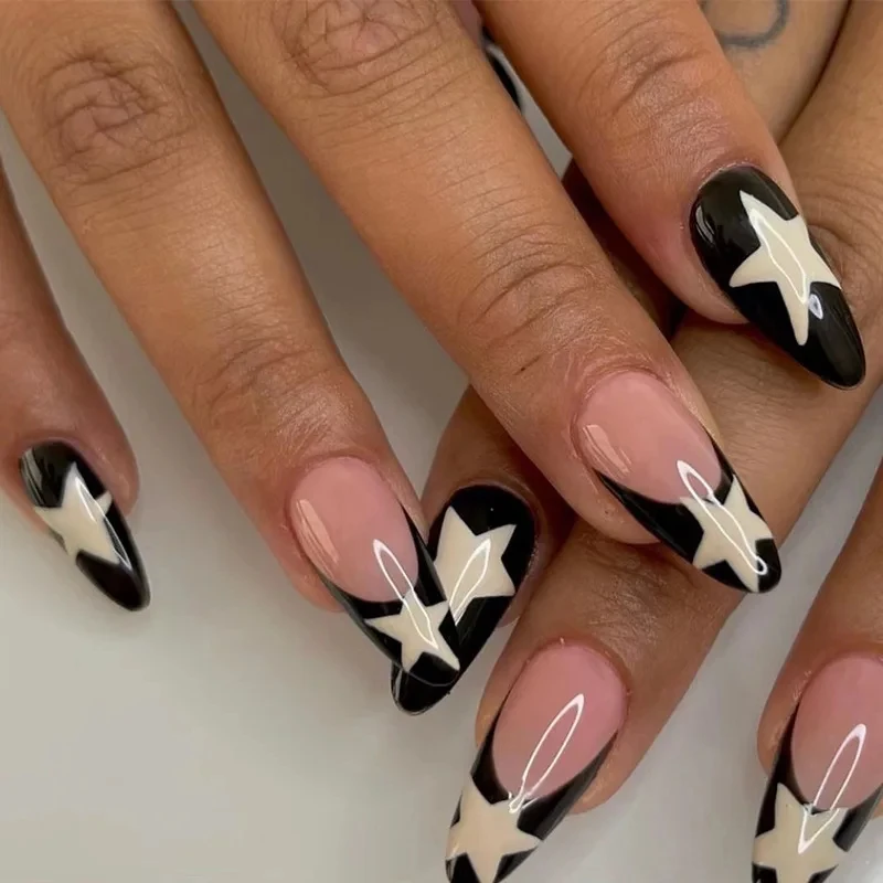 Long French Black Edge Star Nails 24 PCs with 1 Jelly Gel and 1 Nail File