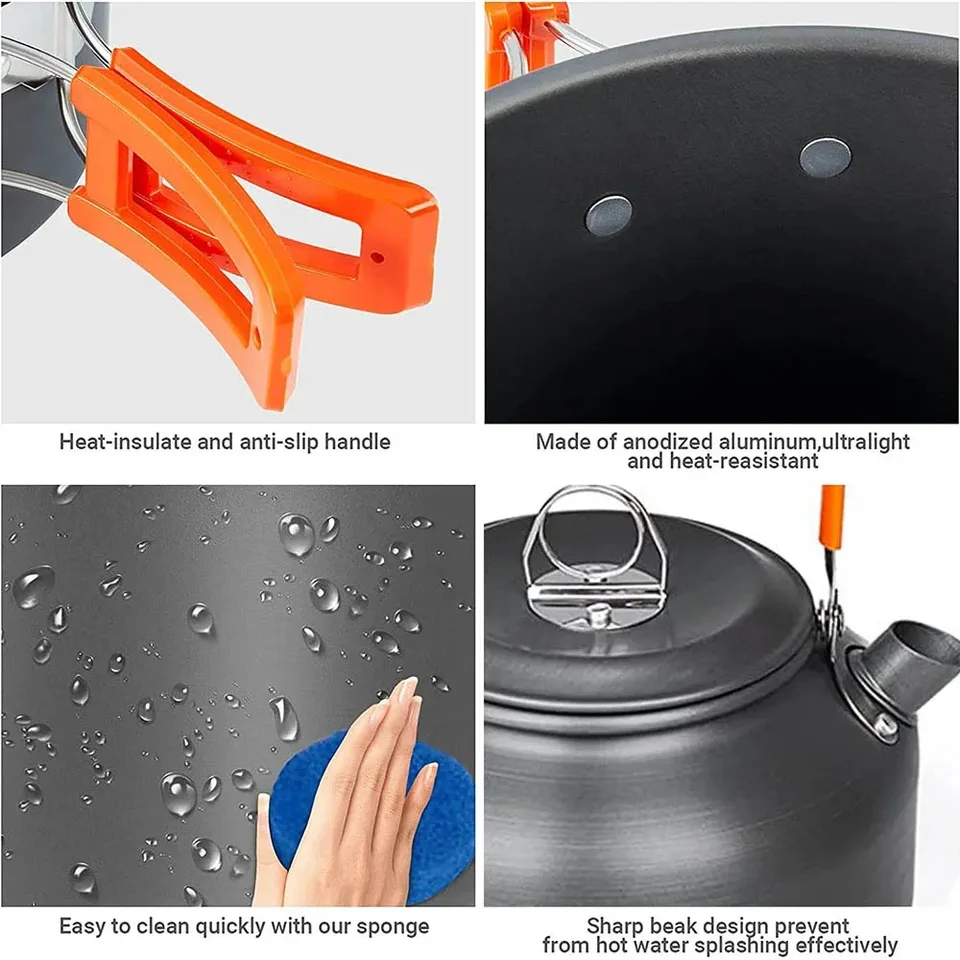 Kit d'ustensiles de cuisine de Camping, ensemble de cuisine en aluminium pour l'extérieur, bouilloire à eau, casserole, randonnée, pique-nique, équipement de table, bouilloire de 0.8 litres