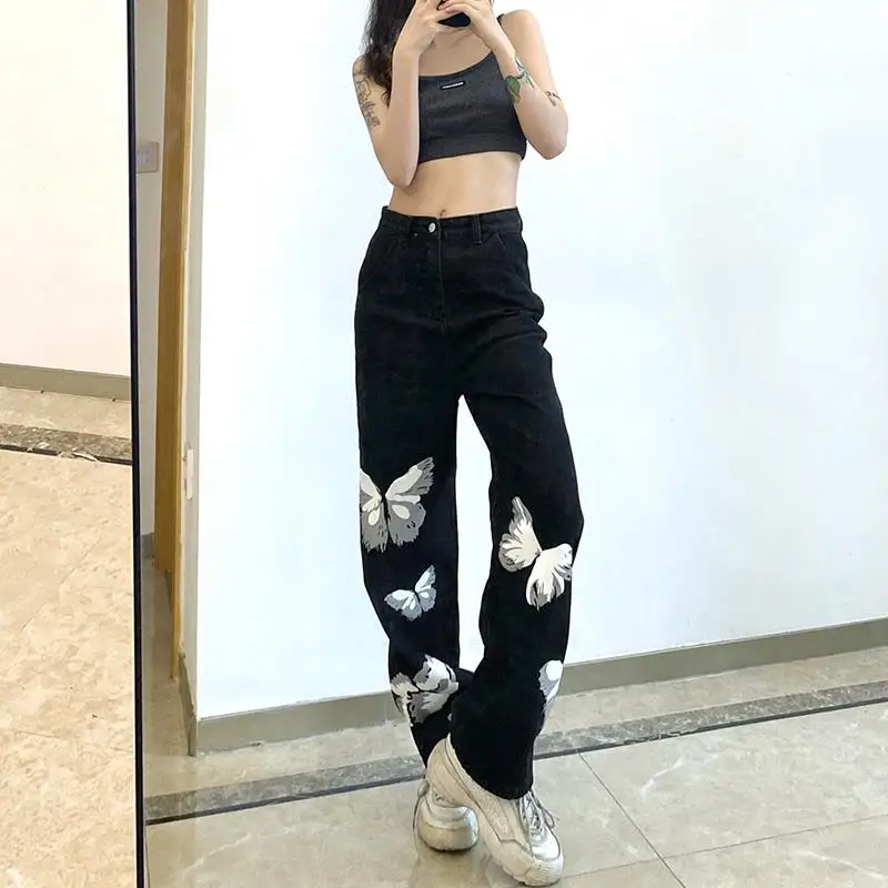 Streetwear Y2K Vintage Black Jeans Women New Wide Leg Butterfly Print Pants Hiphop Oversize Loose Straight Casual Trousers 5XL