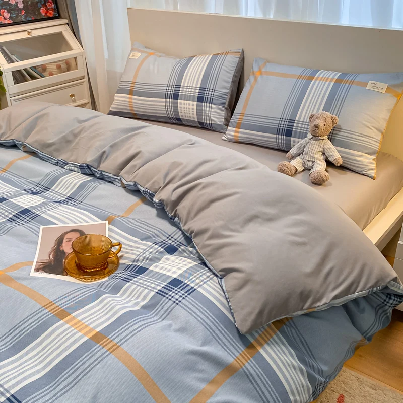 

100% Cotton Plaid Geometric Bedding Set Double Ru Europe Size Duvet Cover Bed Sheet Pillowcase Fashion Jersey Knit Bed Linens