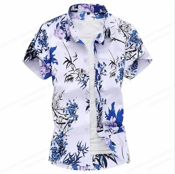Summer Floral Hawaiian Shirts Men Fashion Short Sleeve Shirt Flower Blouse Turn Over Collar Casual Lapel Camisas Men's Clothing 3