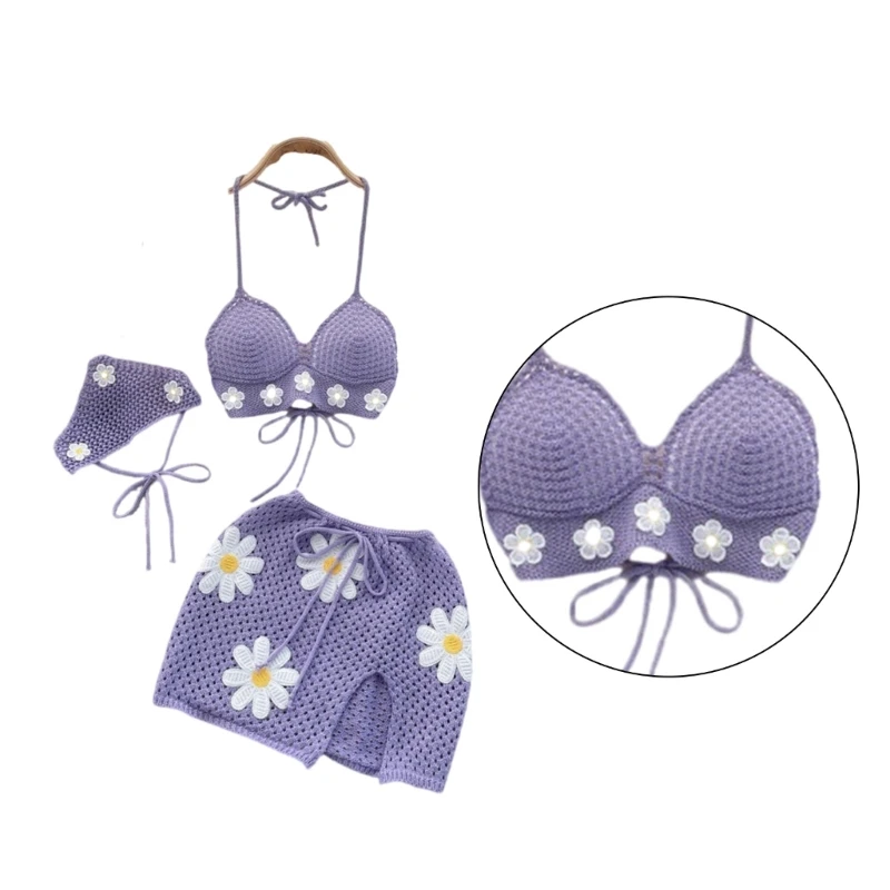Breathable Swim Wear Set 3 Piece Beach Outfit Halterneck Top Short Skirt Headscarf Hollow Out Beach