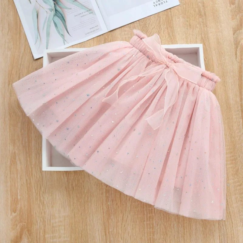 2-10T Starry Sequin Girl Mesh Skirt Spring Autumn New Children Baby Gauze Princess Skirt Bow Fairy Girl Tutu Tulle