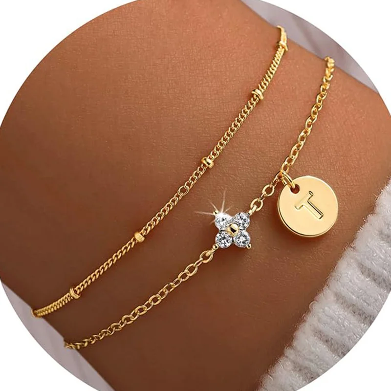 Zierliches 14K vergoldetes Zirkonia-Klee-Anfangsarmband mit mehrlagigem Buchstaben-Armband für Frauen und Mädchen, Schmuck, personalisierte Geschenke – Detail 21