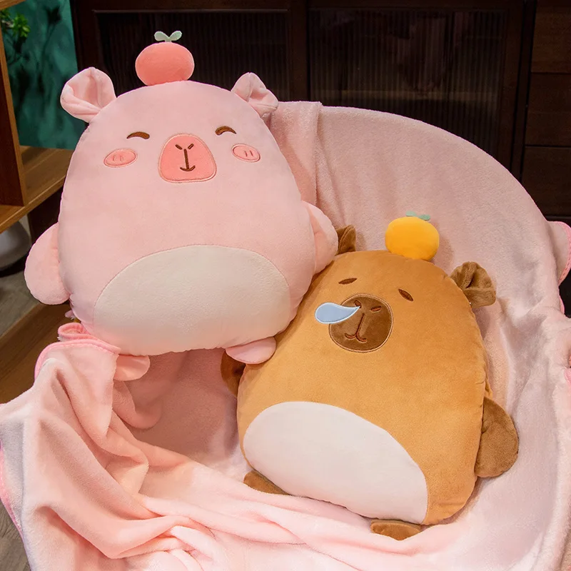 40x40cm Kawaii Capybara Plush Pillow with Holes with Blanket Warm Hands Brown Orange Duck Pink Apple Cushion Plushie Decor Gift 4