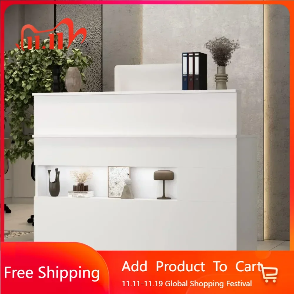 Reception Desk with Counter, Retail Counter with Lighted Display Shelf & Lockable Drawers, for Salon Reception Room Checkout