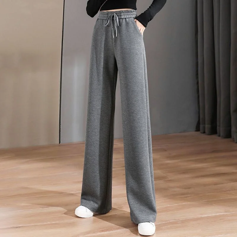 2023 New Spring Autumn  Grey Knitted Wide Leg Women Casual Pants High Waist Straight Tube Floor Sweeping Pants