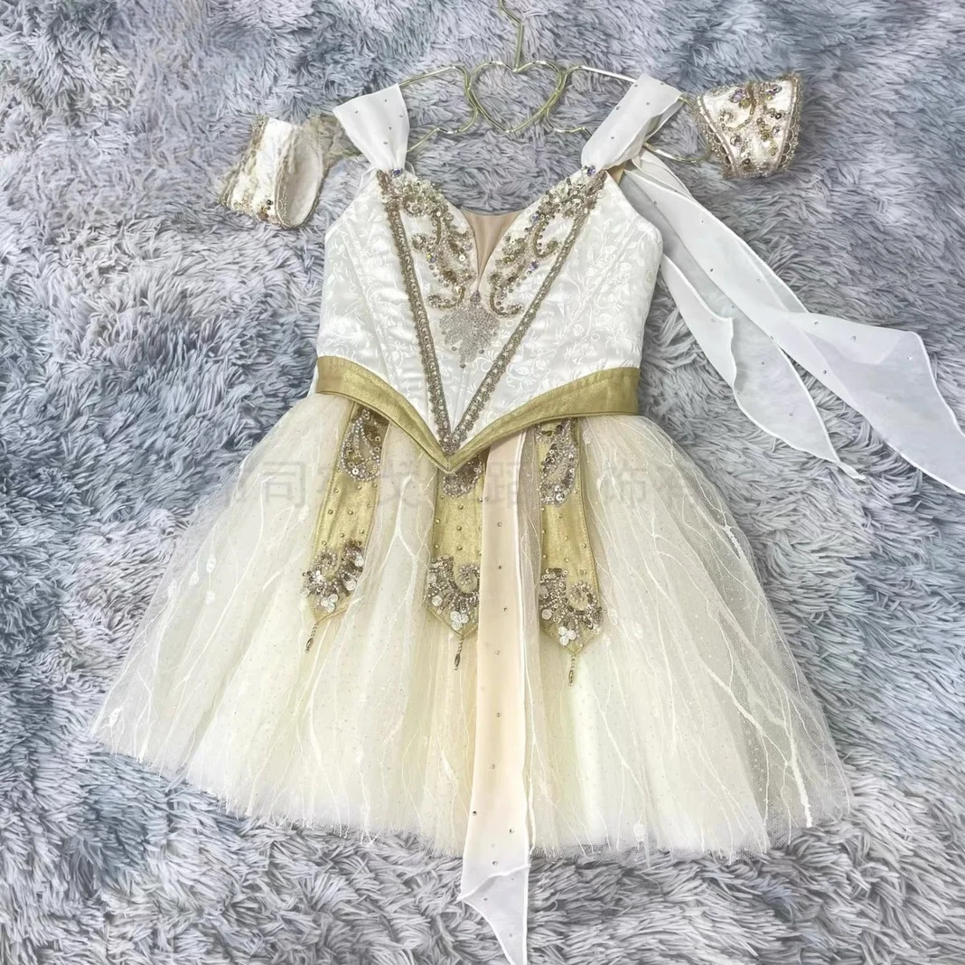 Hochwertiger, maßgeschneiderter, neuer Chiffonrock in Champagnerfarbe im Cupid-Stil für Ballettwettbewerbe, für Erwachsene und Kinder. – Detail 7