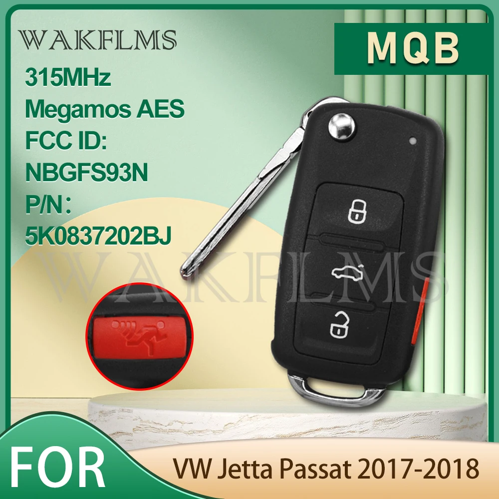 Car Remote Key For VW VolksWagen Jetta Passat 315MHz Megamos AES ID88 MQB Flip Remote Car Key Fob NBGFS93N 5K0 837 202BJ