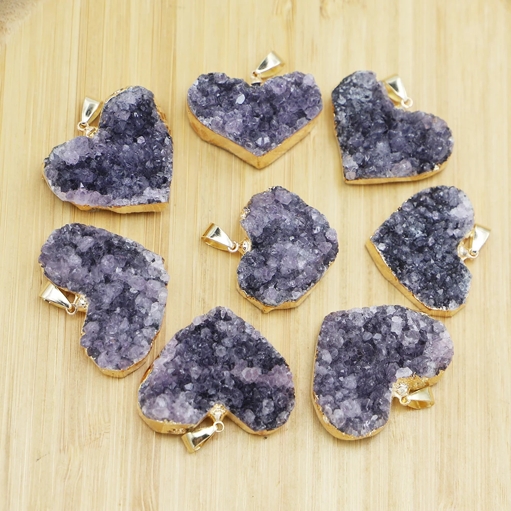 Natural Amethyst Cluster Stone Pendants Heart Raw Crystals Charms Necklace Healing Quartz  Mineral DIY Gift Jewelry Making 4Pcs
