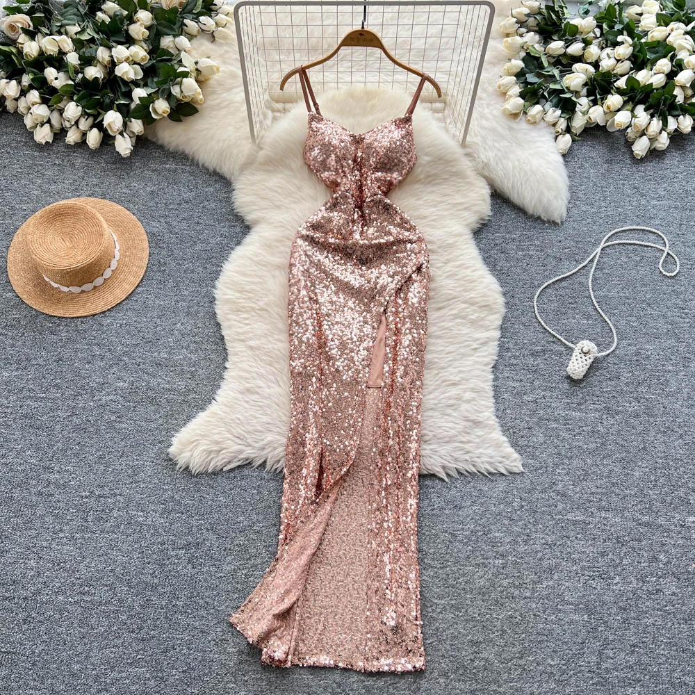 Elegant Vintage glitter sleeveless split Slim French Evening Women dress High Street Clothing ceremony dresses
