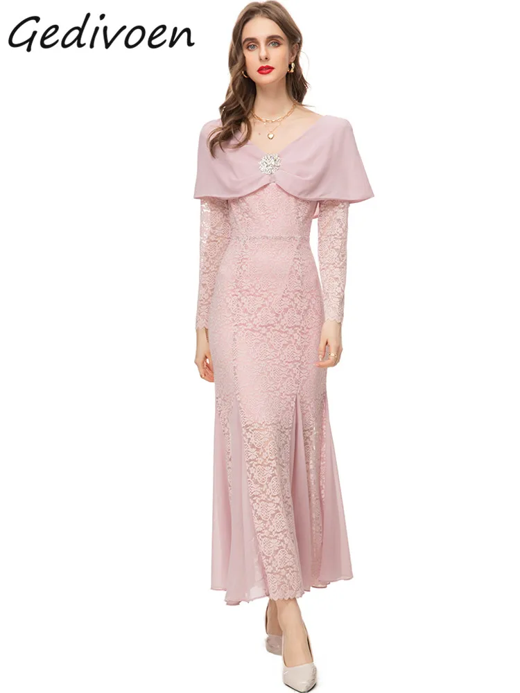 

Gedivoen Spring Fashion Runway Pink Vintage Mermaid Dress Women V Neck Embroidery Diamond Sashes Package Buttock Slim Long Dress