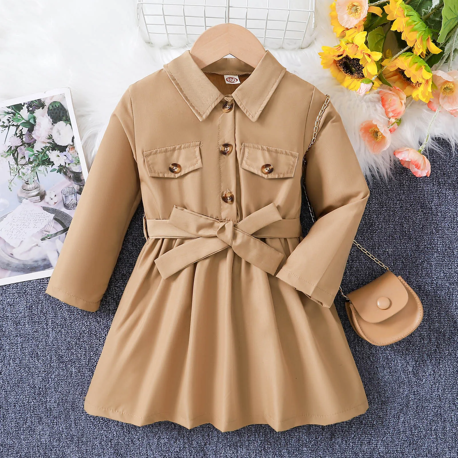 

Toddler Children Girls Long Sleeve Lapel Bow Tie Button Dresses Dress Clothes Xmas Vestido