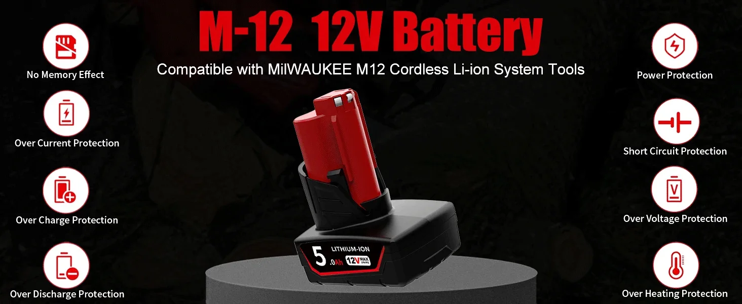 1/2/4 Pcs 5.0Ah M12 Battery + M12-18C Charger Combo Replace for Milwaukee 12V Battery Pin 48-11-24602 48-11-2460 Power Tools