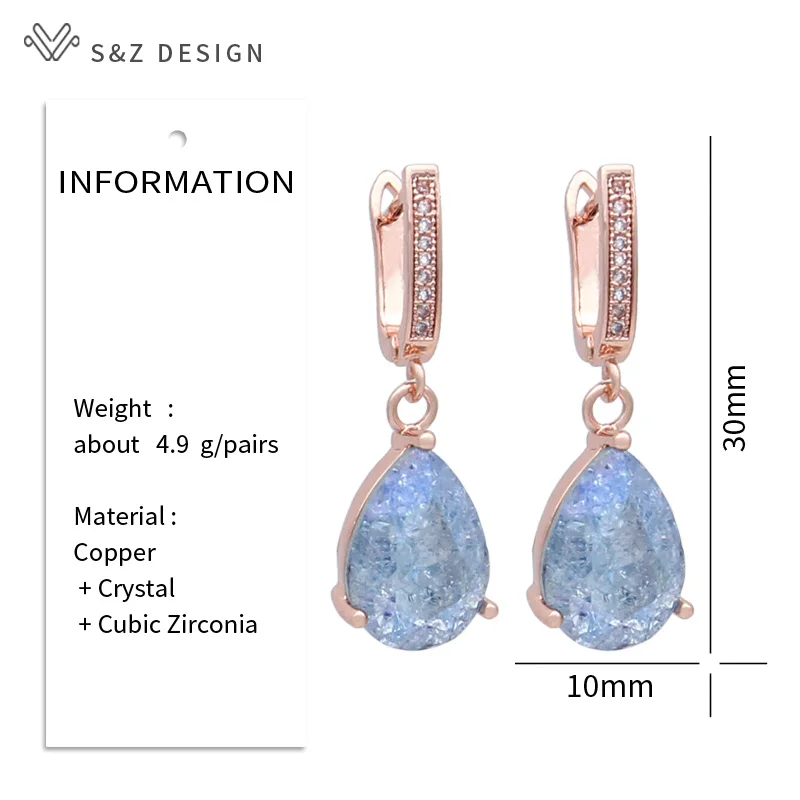 S&Z DESIGN New Fashion Water Drop Ice Crack Crystal Dangle Earrings For Women Wedding 585 Rose Gold Color Cubic Zirconia Jewelry