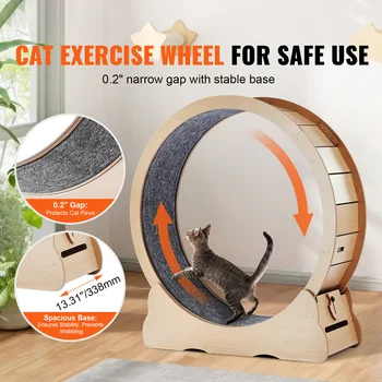 SucceBuy Wooden Cat Exercise Wheel Large Cat Treadmill Wheel for Indoor Cat Running Wheel with Detachable Carpet& Cat Teaser 6