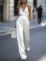 Women's Elegant Backless Satin Jumpsuit with Pearl Button Chain