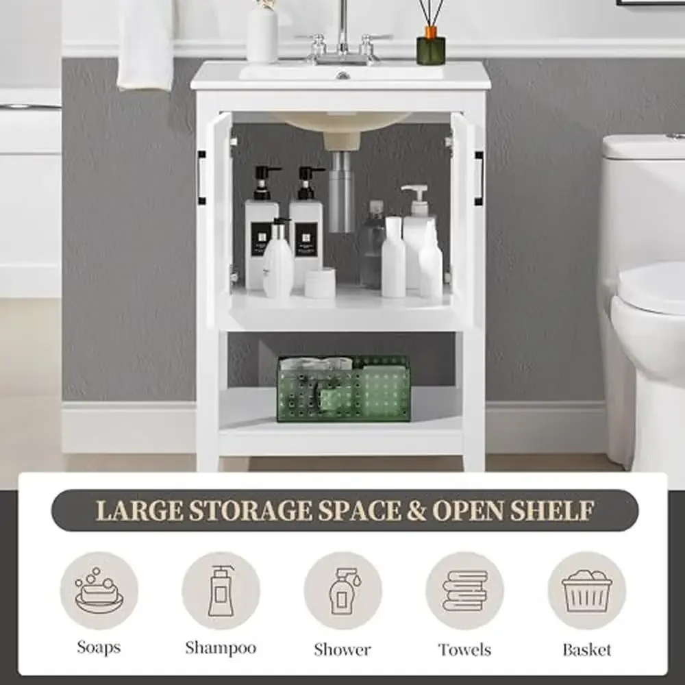Modern 24" Bathroom Vanity Cabinet with Ceramic Basin and Soft-Close Doors White Wood High Load Capacity Wide Countertop Free of