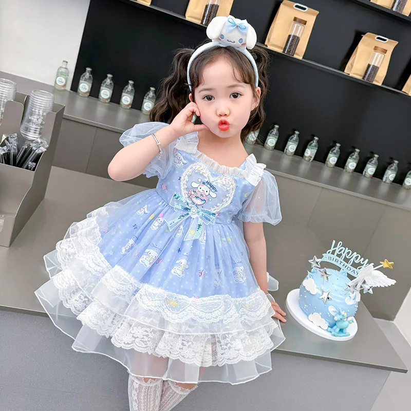 Kawaii Cinnamoroll девочки 2024 новые платья летние аниме Sanrio Девочка Сердце милое Лолита Принцесса платье для детей на день рождения