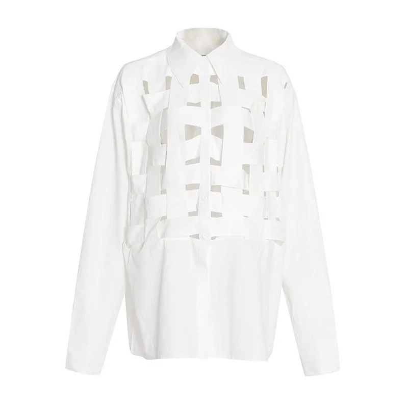 

Women Shaped Irregular Hollow Blouse Splicing Lapel Bandage Loose Solid Casual Simple Style Office Lady Shirts Streetwear 2023