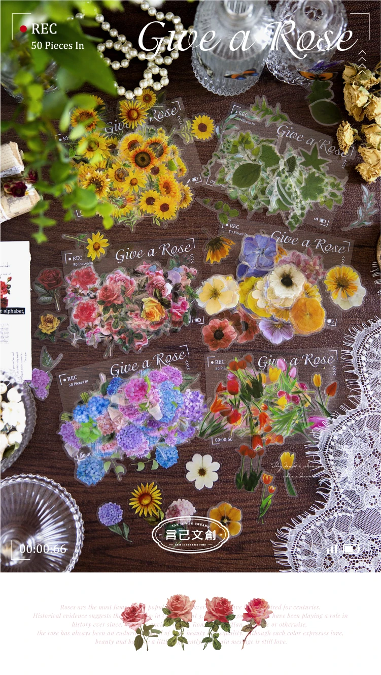 100pcs Flowers Sticker pack Rose Tulip Daisy Transparent Waterproof Plant hand account Decoration Scrapbooking Material