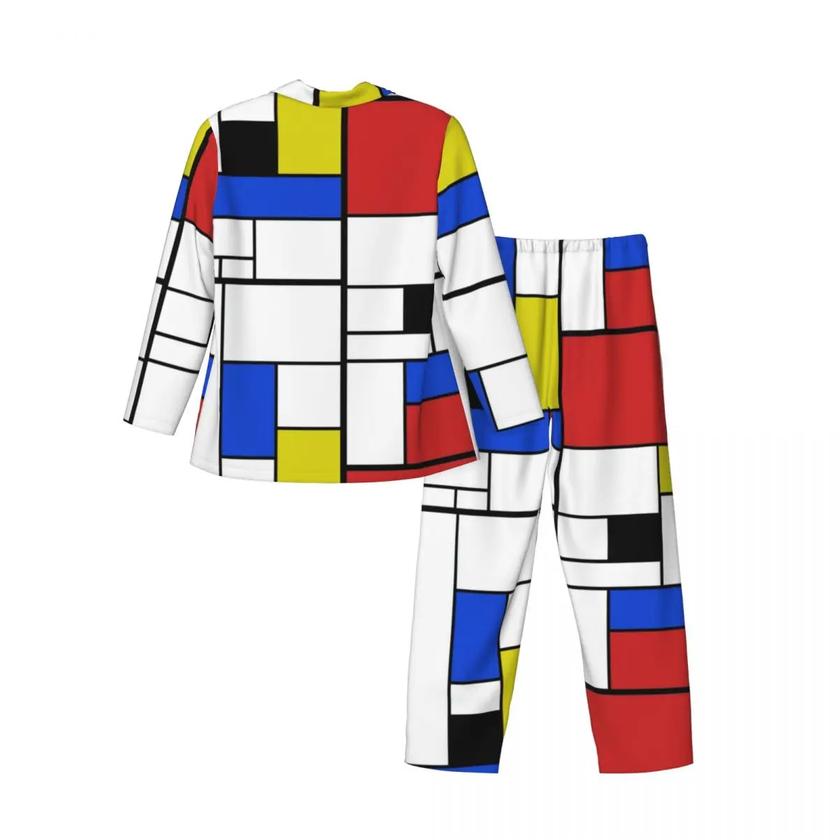 Men Pyjamas Mondrian Line Pajama Sets Colorful Plaid Soft Sleepwear Men Long Sleeve Vintage Bedroom Two Piece Home Suit Big Size XL 2XL