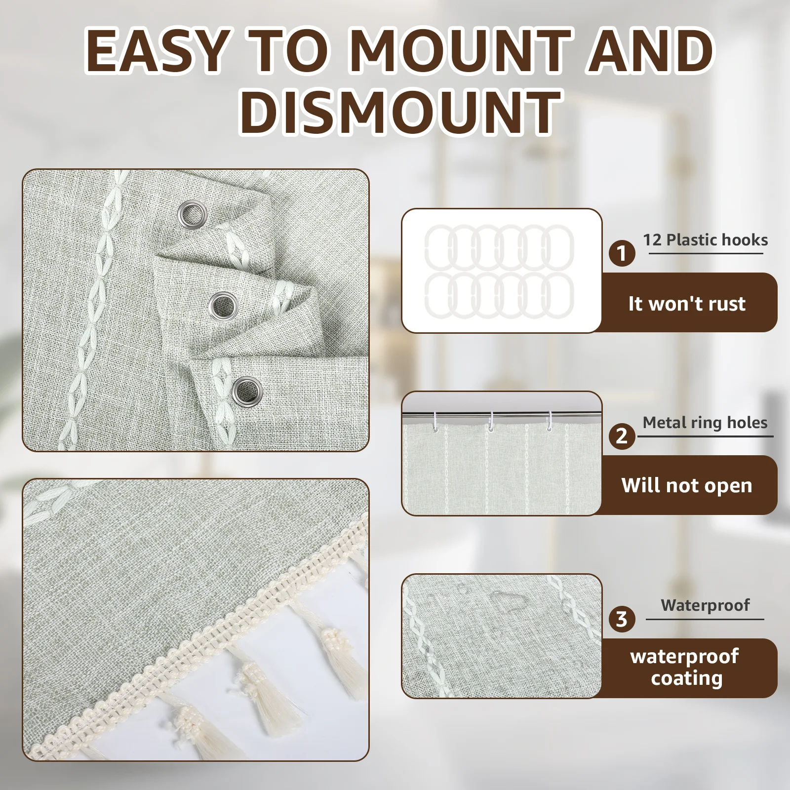 Linen Shower Curtain 72x72 Inch Waterproof and Quick Drying Shower Curtain with Hook Bohemian Style Door Curtain Bathroom Decor