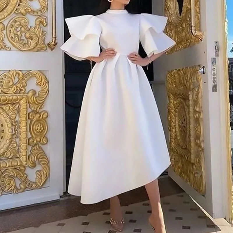 Summer Clothes for Women Solid Color Round Neck Patchwork Double-deck Ruffle Half Sleeve Zipper Plus Size Elegant Party Dress