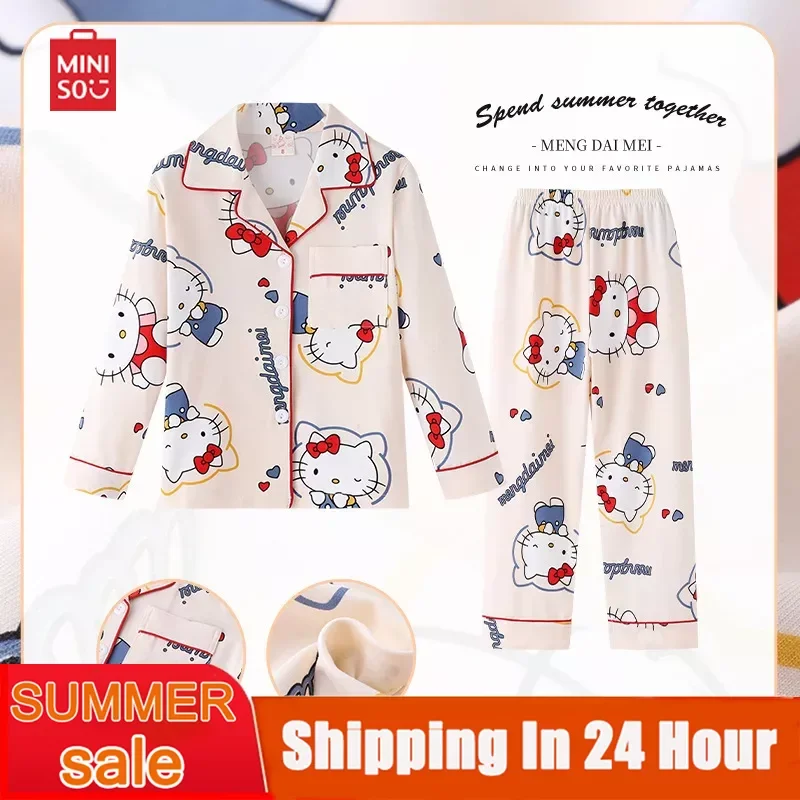 

Одежда Miniso, комплект, детские пижамы, кавайная аниме детская одежда для сна, хлопковая удобная одежда для девочек, милая мультяшная пижама с длинными рукавами