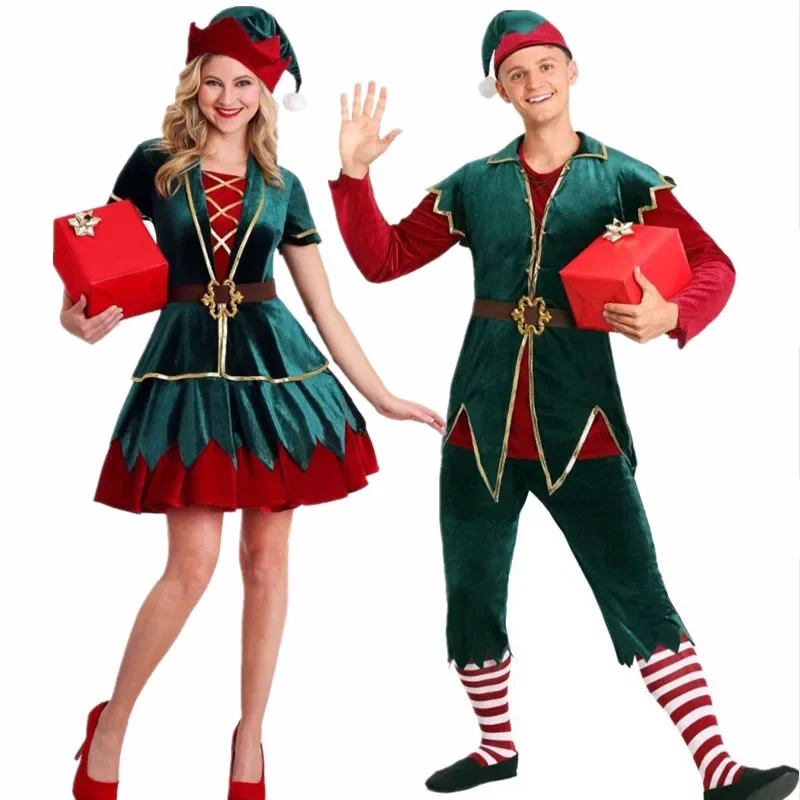 

4/Pcs Men Women Christmas Green Elf Costume Christmas Party Cosplay Santa Helper Elf Couple Suit Christmas Costume