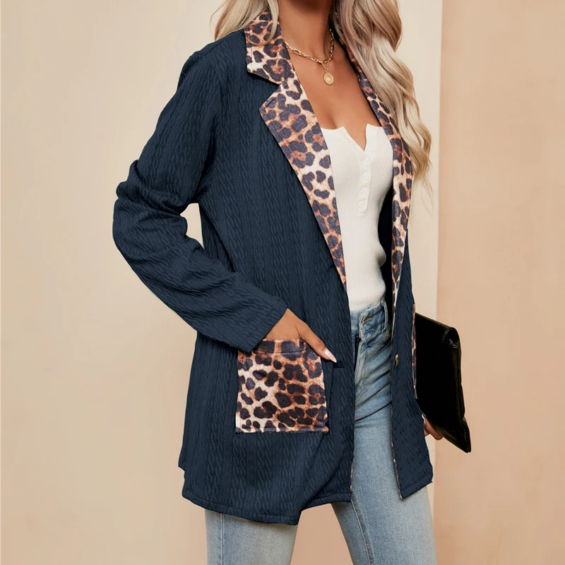 Women's Vintage Leopard Print Patchwork Casual Notched Blazers Autumn Fashion Ladies Long Sleeve Loose Suit Coat Ropa Para Mujer