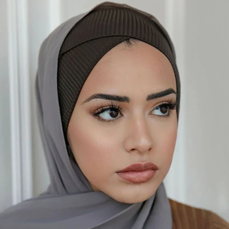 

Fashion Plain Front Cross Inner Hijab Turban Stripe Elastic Instant Hijab Women Hijabs Undercap Muslim Headscarf 28*22CM