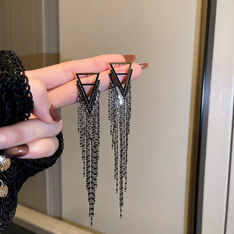 Real 925 Sterling Silver Needle Long Dangle Drop Earrings Women Jewelry Black Triangular Punk Rock Female Earrings