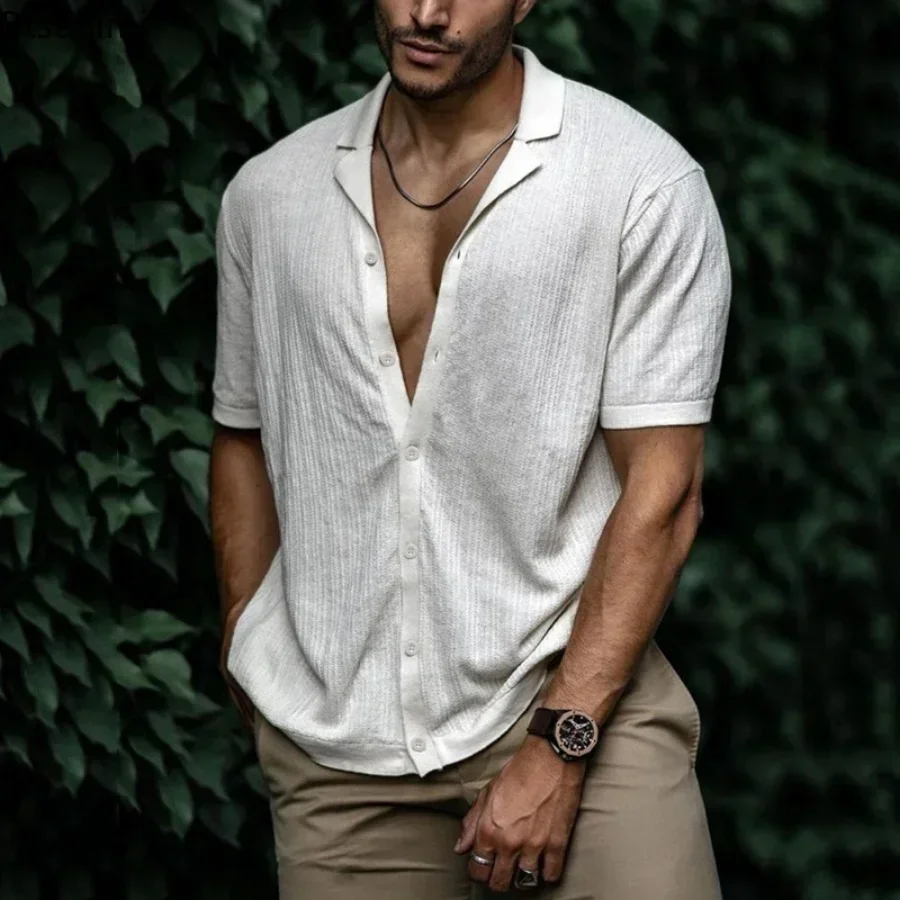 Men's Summer Casual Short Sleeve Shirts Turn-down Collar Buttoned Solid Shirts Men Clothes Loose Tops Male Fashion Shirt