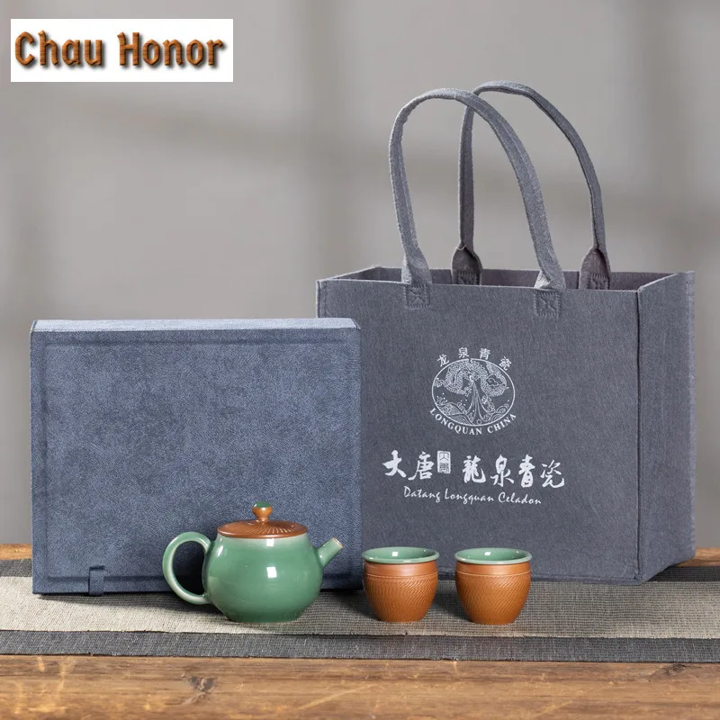 Handmade Knife Jumping Longquan Celadon Tea Set Complete Set Creative Tea Ceremony Set Teapot and Tea Cup Set Teaset Collection