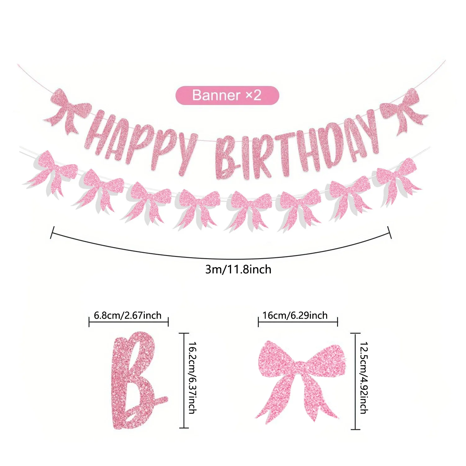 Pink Set Bow Glitter Banner Coquette Happy Birthday Hanging Cute Themed Garland and Swirls for Princess Girls Party Decoration