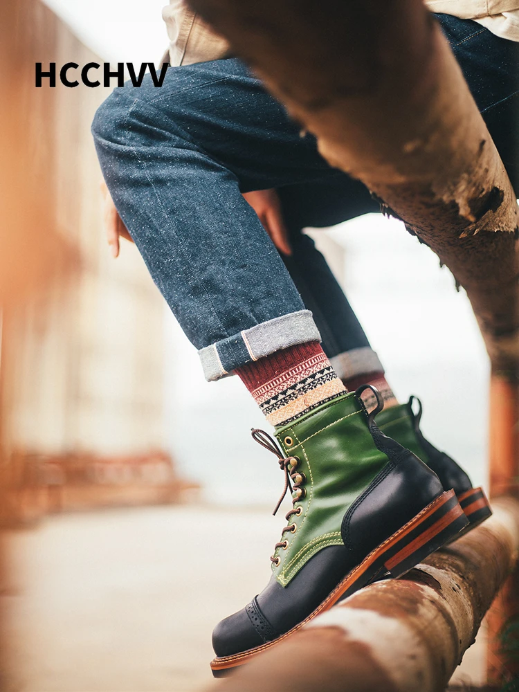 Motorcycle Vintage Autumn Men's Boots Premium Cowhide Genuine Leather Winter Tooling Short Boots Men's High-quality Color Shoes
