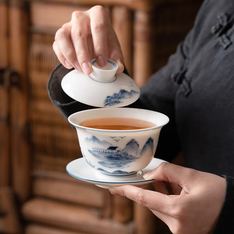 Hovering Hand-painted Mutton Fat Jade Porcelain Cover Bowl Single Three-cai Cup Kung Fu Tea Set Tea Cup Suspension Bowl Large