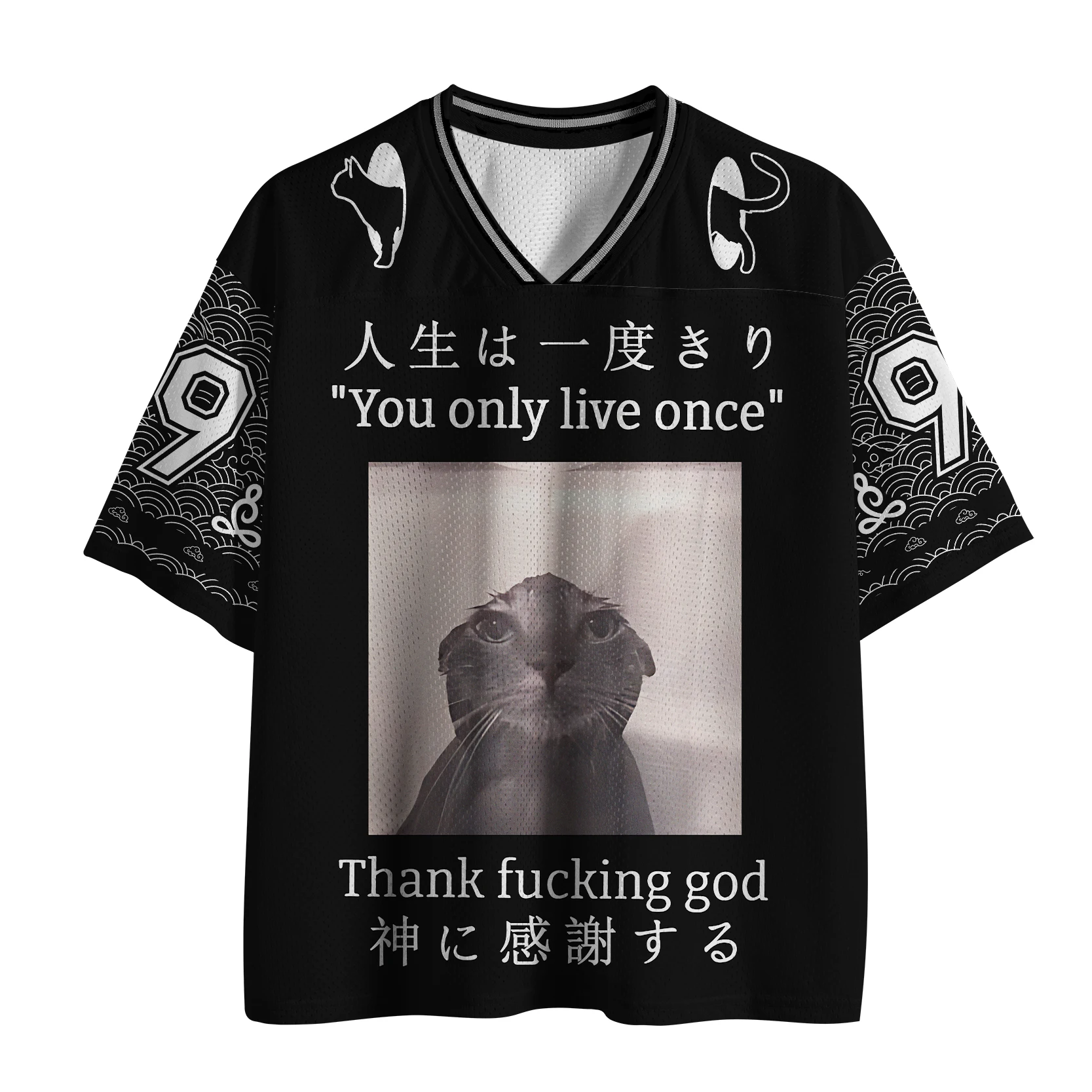 Y2K japanisches Mesh-Trikot mit Katzenmuster und schwarzem Wellenmuster, übergroßes V-Ausschnitt-T-Shirt für Erwachsene und Kinder im Streetwear-Stil.