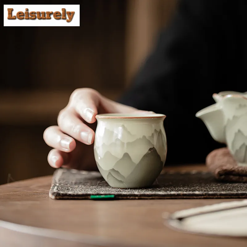2pc/lot Mountain Flower Ru Kiln Porcelain Egg Shaped Teacup Creative Tea Bowl Cup Tea Meditation Cup Jianzhan Tea Ceremony 90ML