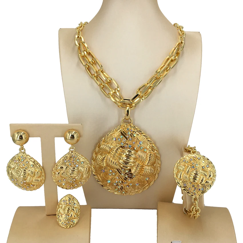 2022 Hot Selling Brazilian Dubai Italian Gold Plated Jewelry Women's Wedding Party Banquet Big Pendant Jewelry Sets FHK13725 5