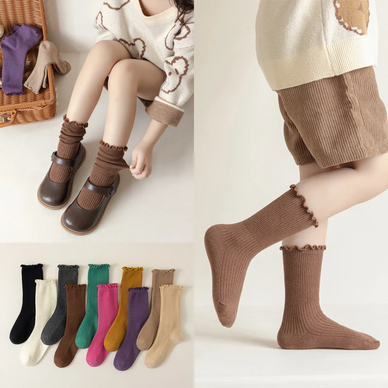 Pure Cotton Children's Socks Girls Pile Up Socks Spring and Autumn Wooden Ear Edge Baby Long Tube Lace