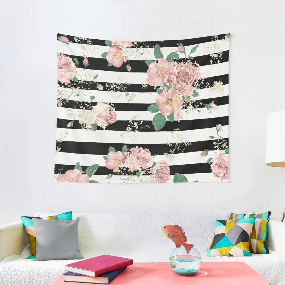 

VINTAGE FLORAL ROSES BLACK AND WHITE STRIPES Tapestry Aesthetic Room Decor Korean Room Decoration Aesthetic Tapestry