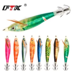 FTK Wood Shrimp Squid Fishing Bait 9cm 2-13# Hook Wooden Shrimp Luminated Squid Jigs Sea Fishing Lures Artificial Lures