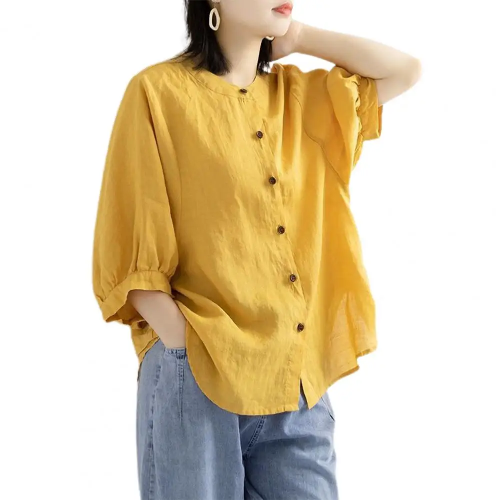

Women Shirt Half Lantern Sleeves Ruffle Cuffs O Neck Summer Loose Retro Top