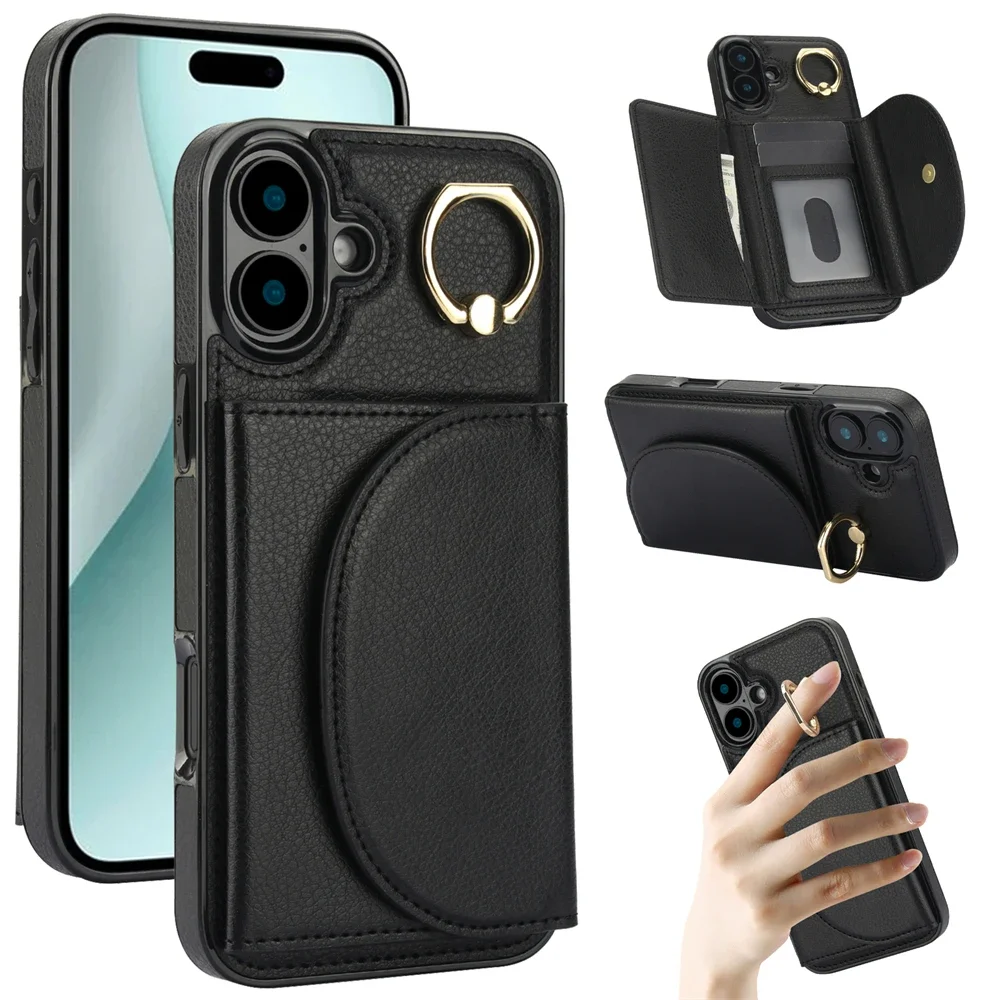 Plånboksfodral i läder för iPhone 16 Pro Max 14 15 13 fingerringhållare telefonfodral kortficka heltäckande skydd_voghion.com