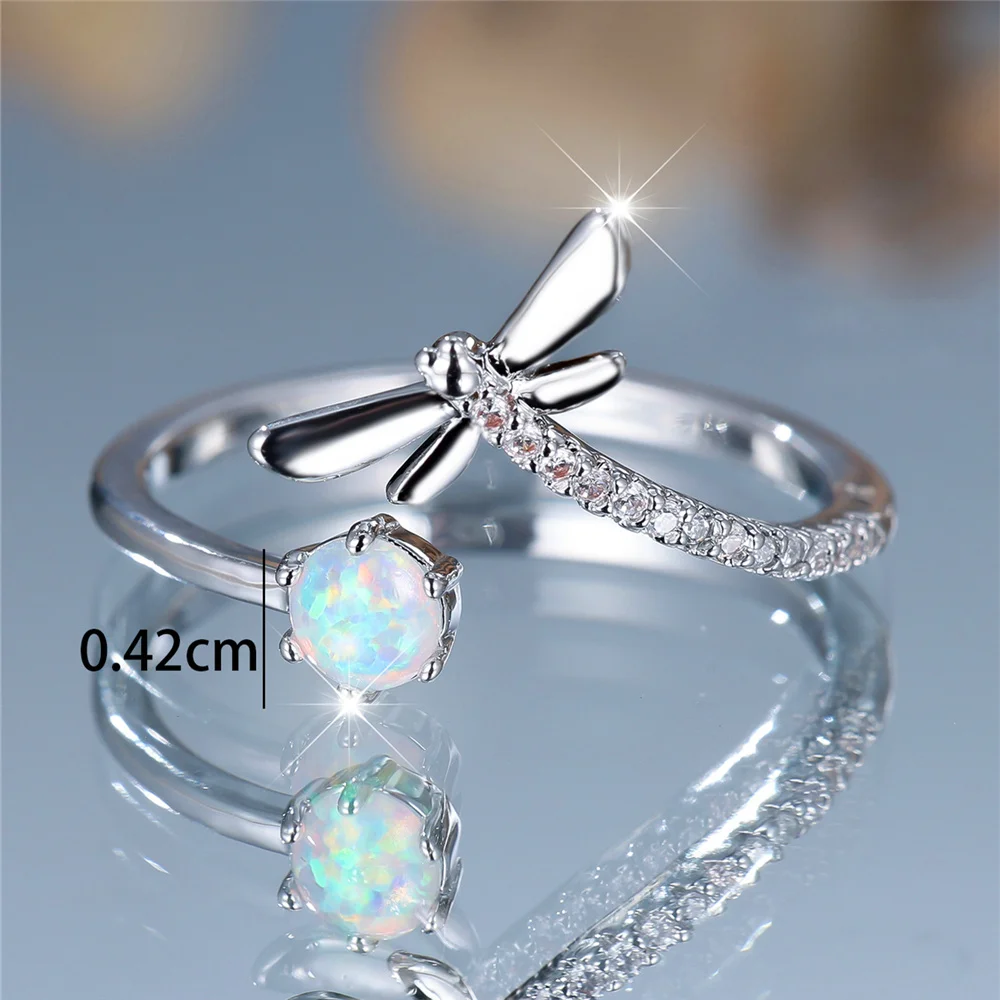 Charm Female White Fire Opal Round Stone Adjustable Open Ring Silver Color Cute Gift Wedding Jewelry For Women