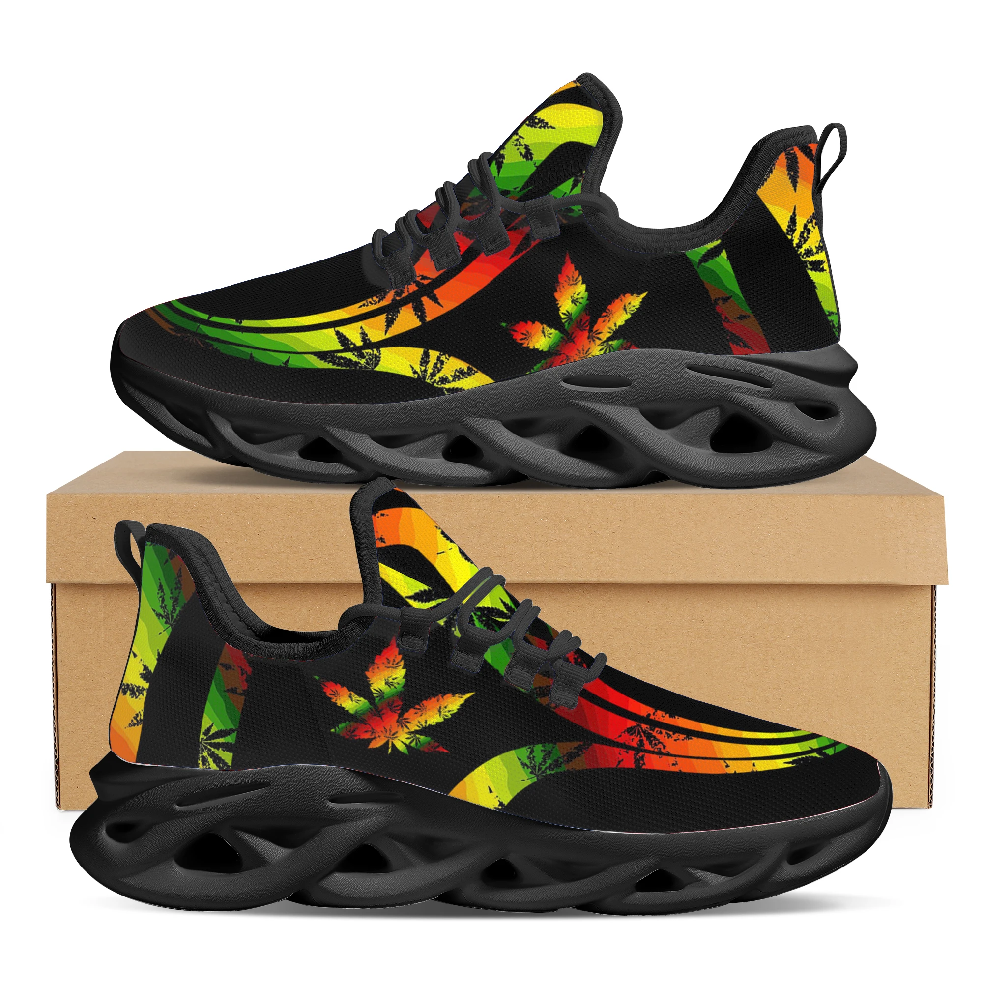 Hot Style Lace-up Sneakers Gradient Weed Leaves Printed Women Flat Shoes Breathable Casual Footwear Zapatos